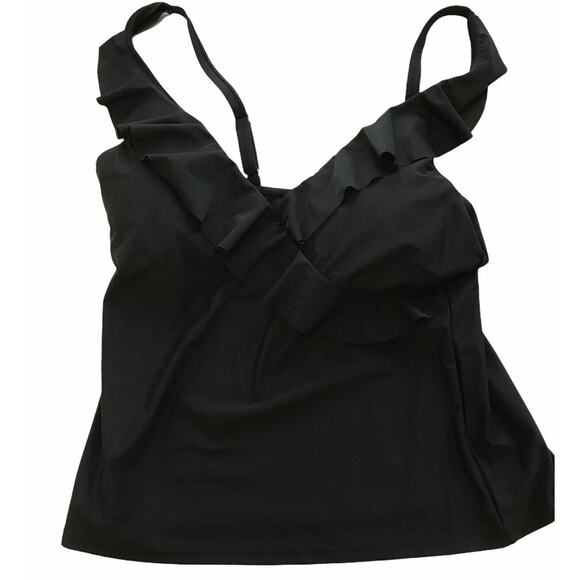 12 Chaps Women's Black Bathing Swim Suit Top New V-Neck Ruffle Adjustable Strap - Picture 1 of 7